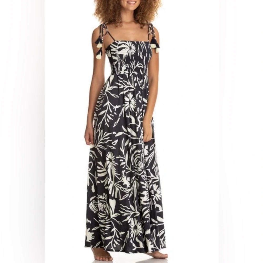 Maaji Black White Tropical Smocked Tassel Maxi Dress Boho Resort